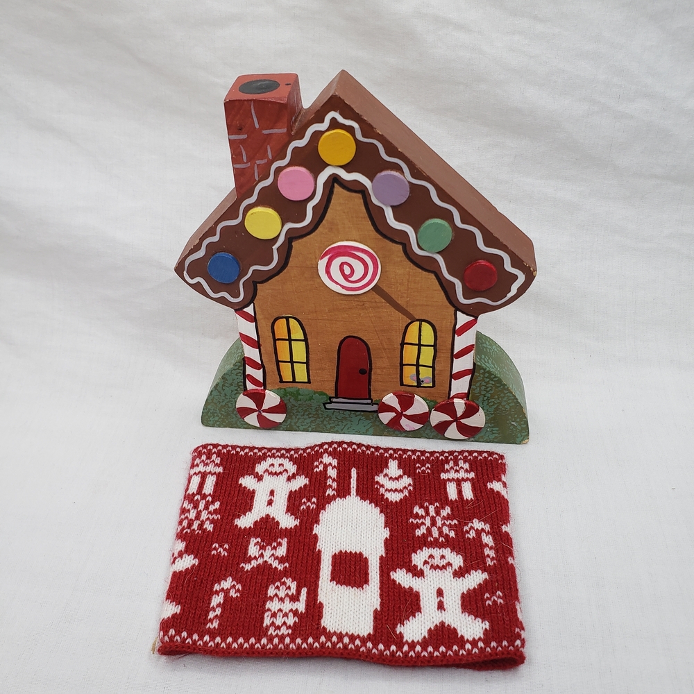 Vintage Handmade Wood Gingerbread House Snowman Drink Kozzie Christmas Holiday